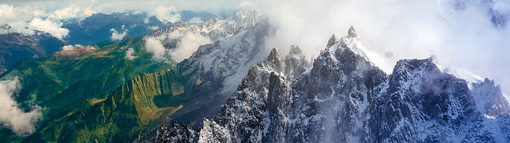 Alpy, chmury, dwa monitory, Francja, krajobraz, wiele wyświetlaczy, przyroda, niebo, śnieg, Tapety HD