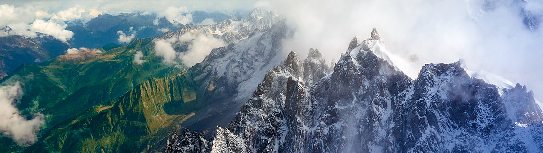 جبال الألب ، السحب ، الشاشات المزدوجة ، فرنسا ، المناظر الطبيعية ، العرض المتعدد ، الطبيعة ، السماء ، الثلج، خلفية HD HD wallpaper