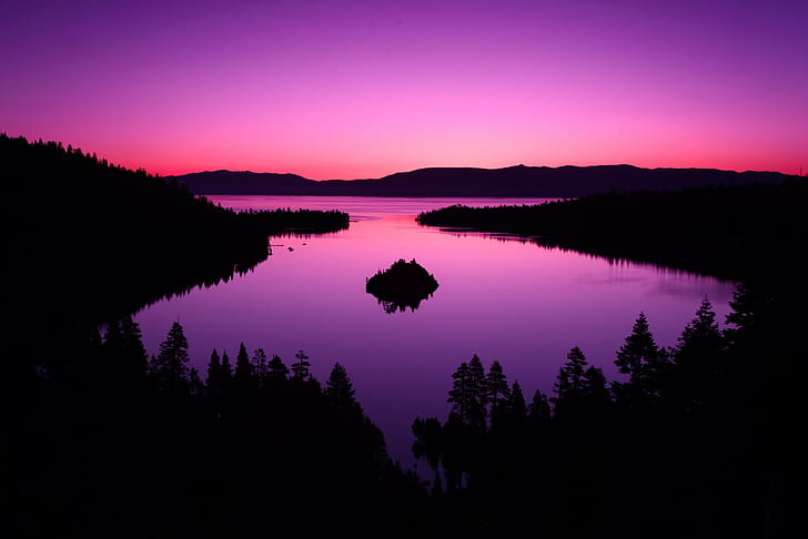 purple sky, photography, landscape, lake, mountains, forest, island, purple sky, photography, landscape, lake, mountains, forest, island, HD wallpaper