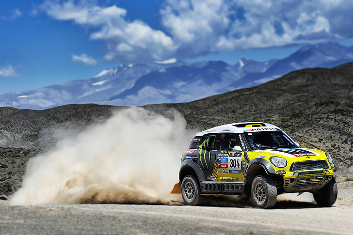 Auto, Mini, Mountains, Yellow, Dust, Sport, Machine, Mini Cooper, Rally, Dakar, Side view, 304, HD wallpaper