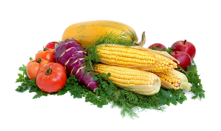 four yellow corns and several tomatoes, corn, squash, vegetables, tomatoes, herbs, HD wallpaper