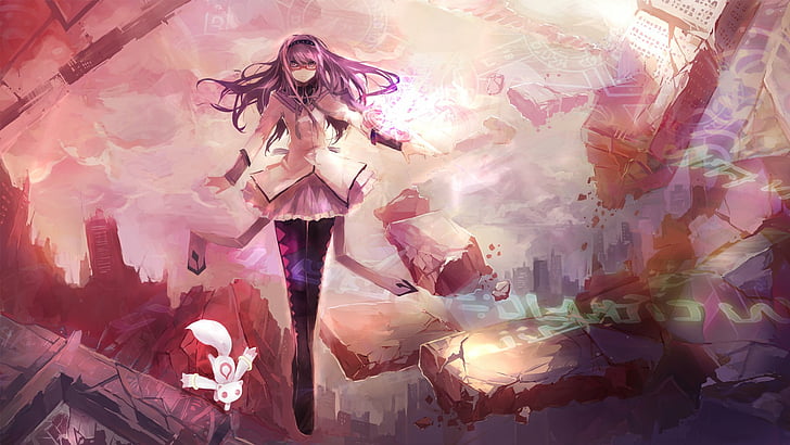 Akemi, Anime, Zerstörung, Mädchen, Brille, Haare, Homura, Kyubey, Madoka, Magica, Mahou, Meganekko, lila, Ruinen, Shoujo, HD-Hintergrundbild