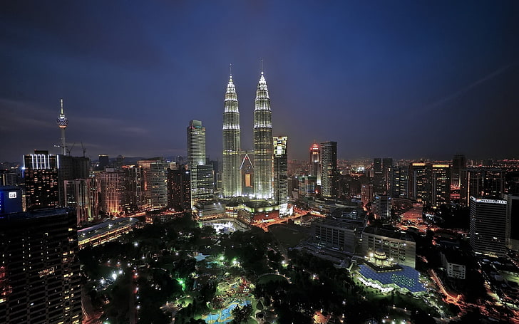 도시, 건물, 조명, 쿠알라 룸푸르, 말레이시아, 페트로나스 타워, HD 배경 화면