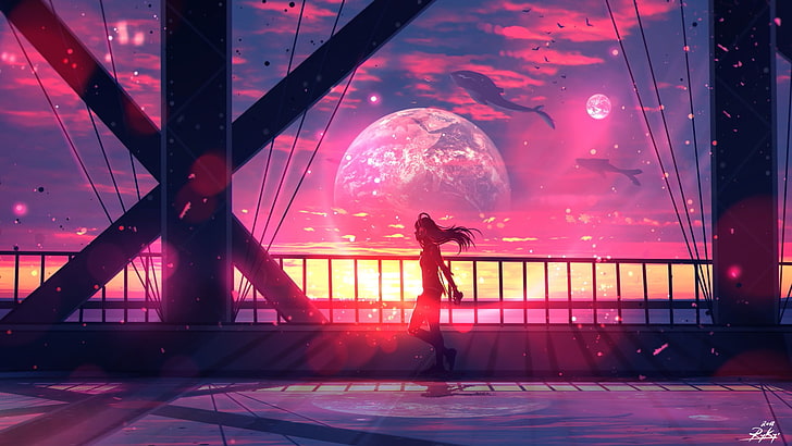fond d'écran numérique de personnage d'anime femelle aux cheveux noirs, ryky, peinture, art numérique, pont, coucher de soleil, baleine, Fond d'écran HD