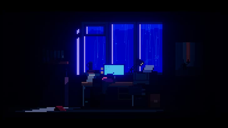 One Dreamer, pixel art, dark background, code, rain, office, HD wallpaper