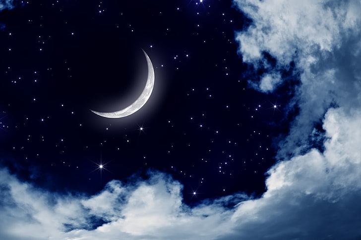 бели облаци през нощта под полумесец цифров тапет, Луна, небе, облаци, HD тапет