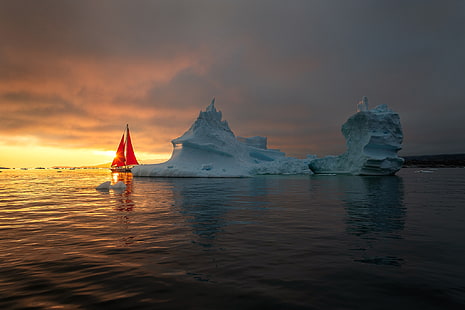 море, залез, яхта, айсберг, алени платна, Гренландия, HD тапет HD wallpaper