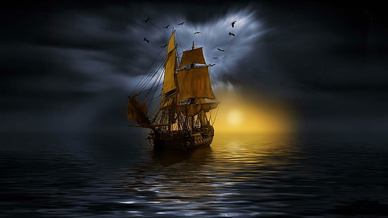 корабль, лодка, мачта, парус, вода, ночь, фэнтези, HD обои HD wallpaper