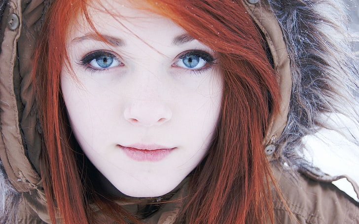 blue eyes, face, Fur Coats, redhead, women, Women Outdoors, HD wallpaper