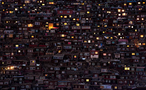 concrete houses, photography, house, lights, window, favelas, HD wallpaper HD wallpaper