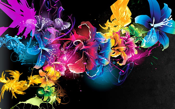 抽象的なパターンライン色の花、花のイラストの盛り合わせ色、抽象、パターン、ライン、色、花、 HDデスクトップの壁紙