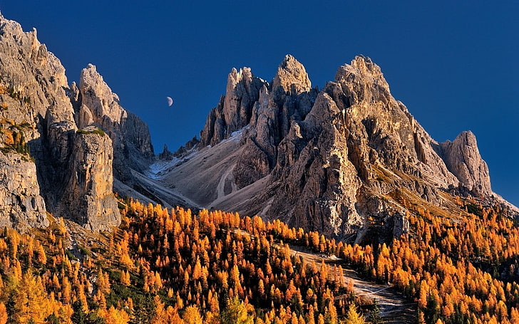 природа, пейзаж, луна, синий, небо, горы, лес, осень, доломиты (горы), Италия, деревья, HD обои