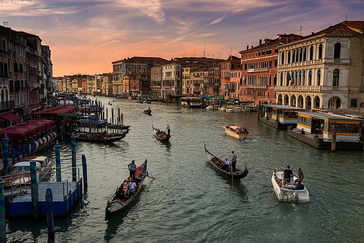 city landscape nature lights sky evening morning futuristic venezia canal grande boat, HD wallpaper