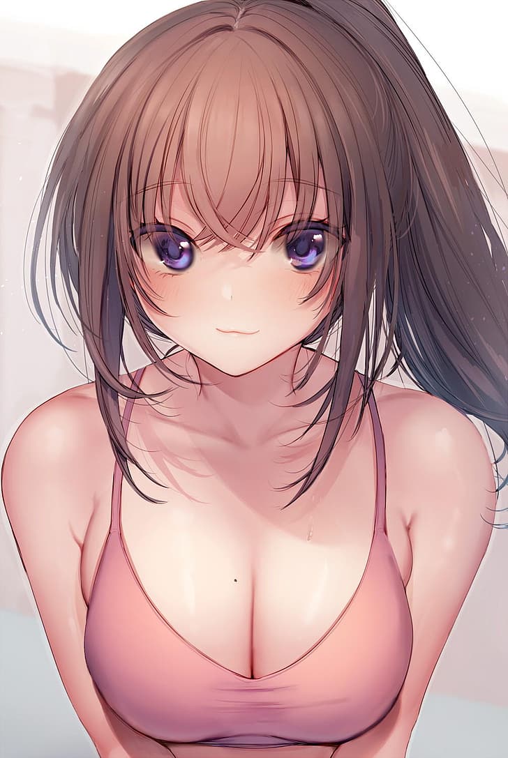 anime girls, original characters, cleavage, boobs, smiling, long hair, HD wallpaper