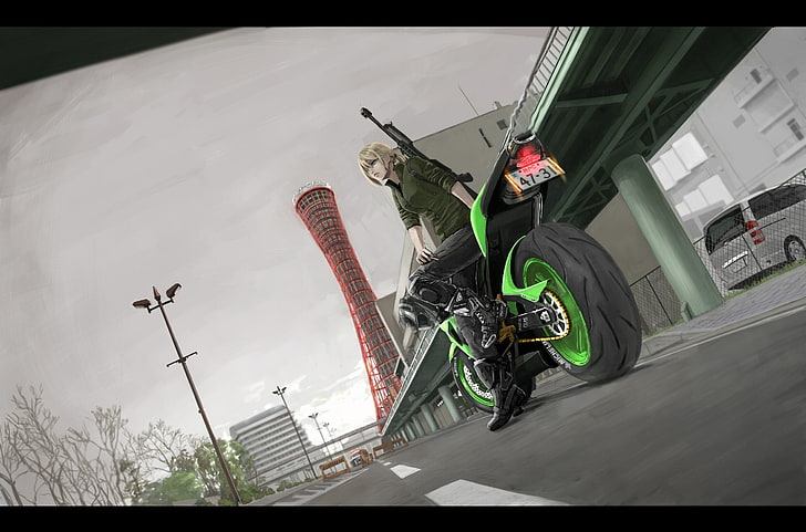 аниме, аниме девушки, оружие, пистолет, мотоцикл, HD обои