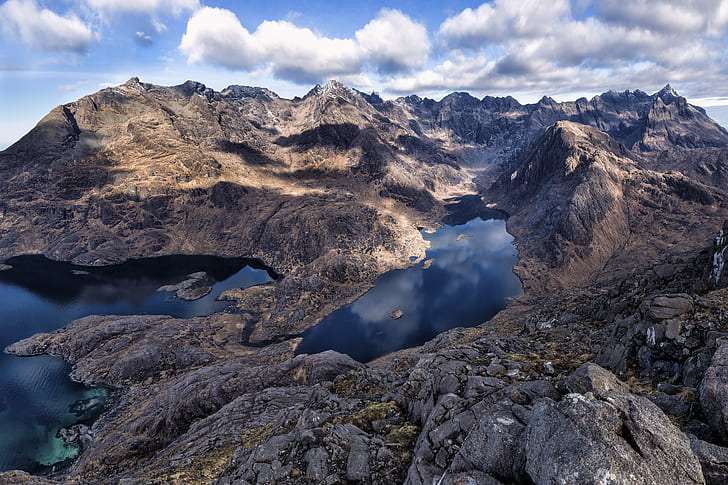 rock mountain surrounded by water, Cuillin, rock mountain, water, Scotland, West Highlands, Isle of Skye, Cuillins, Mountains, Black, Loch Coruisk, Sgurr, na, Stri, Landscape, Canon 6D, 35mm, f4, USM, mountain, nature, mountain Peak, scenics, outdoors, blue, travel, summer, europe, rock - Object, sky, snow, hiking, tourism, HD wallpaper