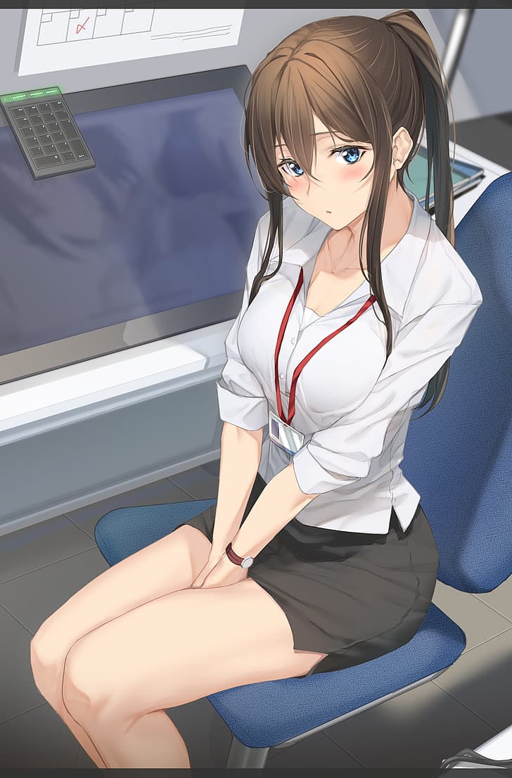 Büromädchen, Brünette, blaue Augen, Bürouniform, Anime-Mädchen, HD-Hintergrundbild, Handy-Hintergrundbild