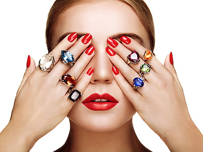 women's red lipstick, girl, decoration, face, model, ring, hands, lipstick, lips, fingers, HD wallpaper HD wallpaper