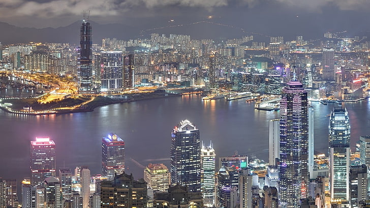 high-rise buildings, cityscape, building, night, landscape, city, Hong Kong, HD wallpaper