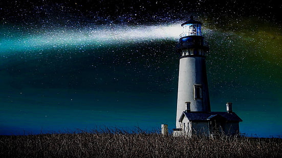 leuchtturm, nacht, sternenklare nacht, lichtschein, sternenklare, sternen, feld, nachtlichter, HD-Hintergrundbild HD wallpaper