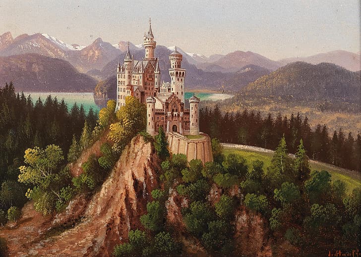 Fantasiekunst, Fantasieschloss, Schloss, Berge, Hügel, Wald, See, HD-Hintergrundbild
