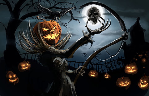 Vacaciones, Halloween, Jack-o'-lantern, Monstruo, Noche, Calabaza, Cuervo, Fondo de pantalla HD HD wallpaper