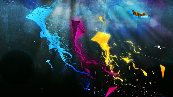 abstract, artwork, birds, cmyk, colors, kite, HD wallpaper
