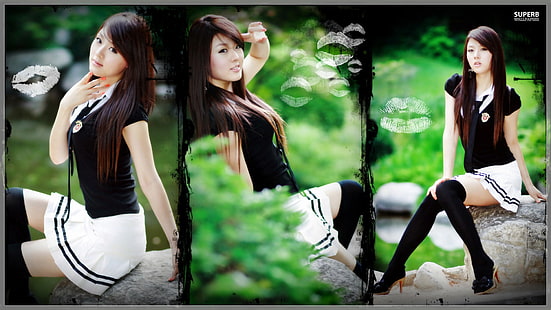 Hwang Mi Hee, азиатски, жени, колаж, седнал, високи до коленете, кестенява коса, дълга коса, права коса, униформа на ученичка, брюнетка, HD тапет HD wallpaper