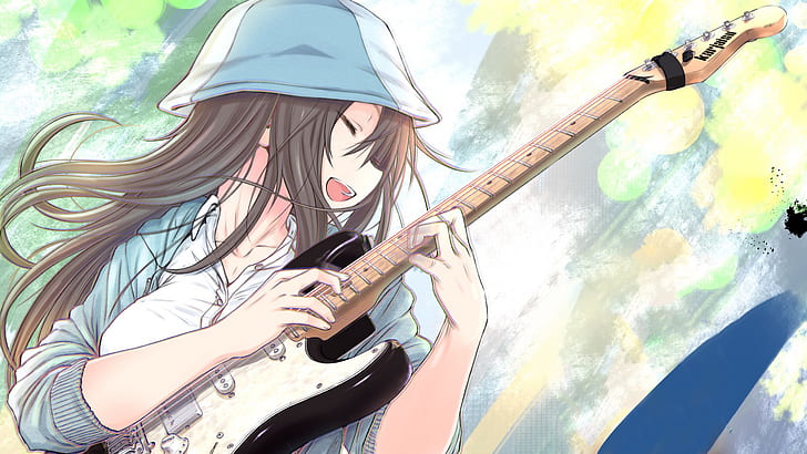 anime girls, guitar, anime, musical instrument, open mouth, HD wallpaper
