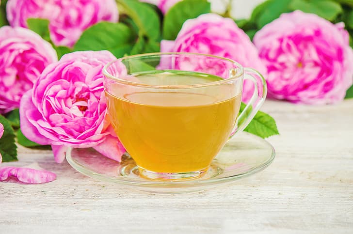 цветя, рози, венчелистчета, розово, дърво, чаша, чай, чаша чай, HD тапет