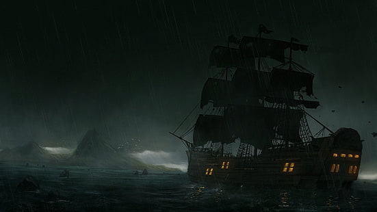 птицы, облака, остров, старый корабль, дождь, скалы, парусный спорт, море, корабль, шторм, вода, HD обои HD wallpaper