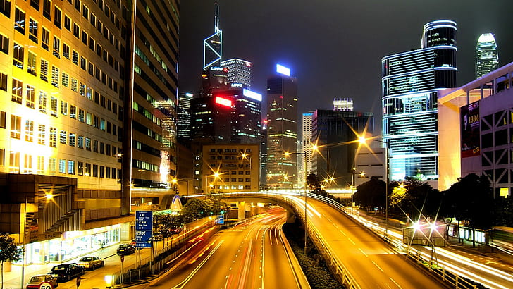 ville, Hong Kong, lumières de la ville, traînées lumineuses, nuit, route, Fond d'écran HD