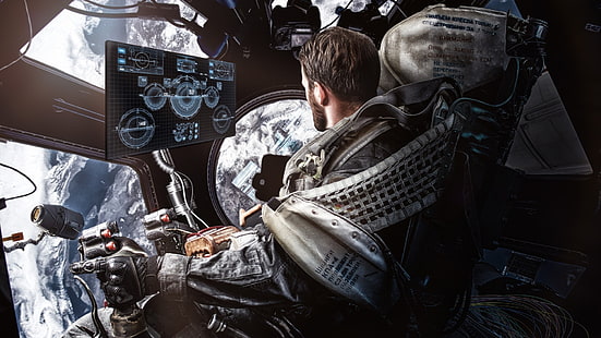 man in space digital wallpaper, artwork, digital art, space station, astronaut, futuristic, cockpit, men, pilot, Cyrillic, HD wallpaper HD wallpaper