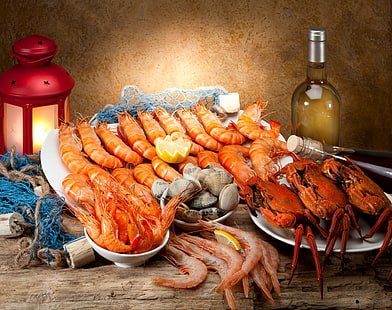 Jedzenie, owoce morza, kraby, latarnia, homar, krewetki, Tapety HD HD wallpaper