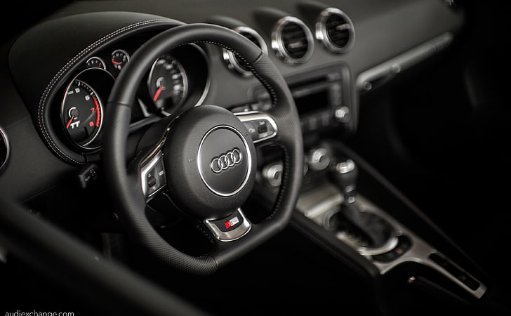 Audi TT S-line Interior, black Audi steering wheel, Cars, Audi, Black, Interior, Wheel, Leather, car, steering wheel, illinois, 2012, audi exchange, highland park, tts, perforated, flat-bottom, HD wallpaper