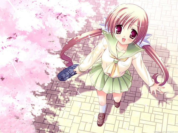 Anime, Taschen, Blüten, Kirsche, Mädchen, Schule, lächelnd, Uniformen, jung, HD-Hintergrundbild
