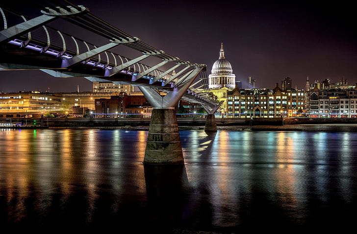 night, bridge, London, UK, Millennium Bridge, HD wallpaper