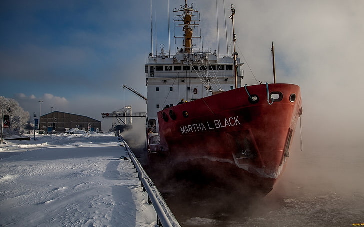 kapal, musim dingin, pelabuhan, kabut, salju, es, Wallpaper HD
