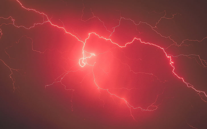 Summer night lightning storm red sky, HD wallpaper