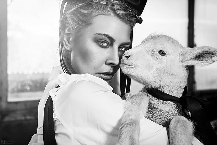 look, girl, face, black and white, monochrome, sheep, lamb, Angela Hasler, HD wallpaper