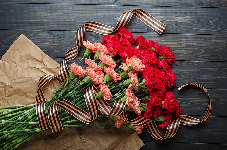 fiori, bouquet, nastro di San Giorgio, rosso, 9 maggio, chiodi di garofano, giorno della vittoria, Sfondo HD