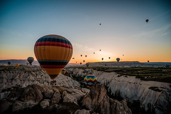hot air balloons, balloon, photography, sky, flying, mountains, sunset, HD wallpaper