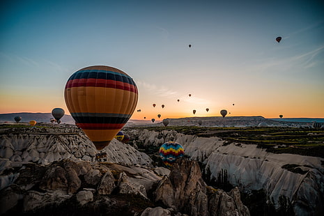 mongolfiere, pallone, fotografia, cielo, volare, montagne, tramonto, Sfondo HD HD wallpaper