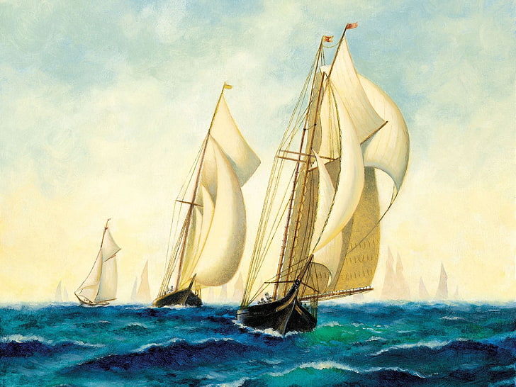 ثلاثة مراكب شراعية بيضاء وسوداء على جسم مائي ، بحر ، سفن ، فن ، بحرية ، لوحة ، سرب ، قوارب شراعية.، خلفية HD