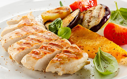 Grilled Food, sliced chicken meat, meat, vegetables, plate, food, HD wallpaper HD wallpaper