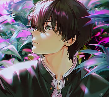 Hyouka, anime erkek, kısa saç, okul üniforması, Oreki Houtarou, yeşil gözler, siyah saç, fan sanat, 2D, HD masaüstü duvar kağıdı HD wallpaper