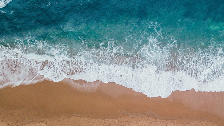 море, вълна, бряг, водно тяло, океан, вода, пясък, плаж, крайбрежие, въздушна фотография, въздушен изглед, HD тапет