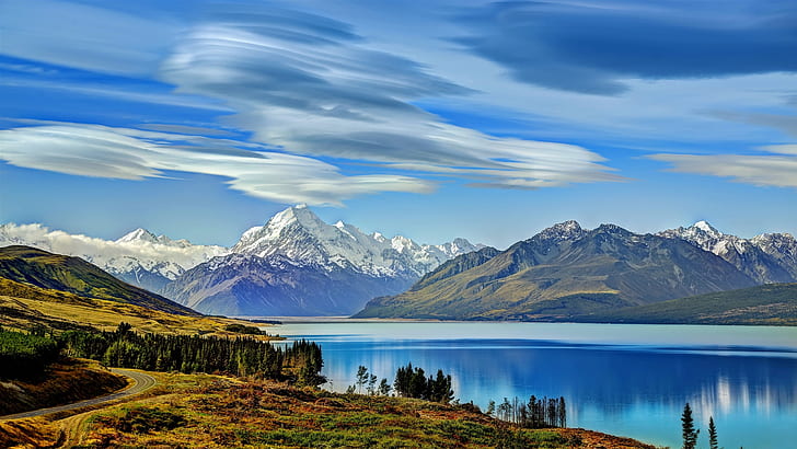 New Zealand, Lake Pukaki, mountains, trees, clouds, New, Zealand, Lake, Pukaki, Mountains, Trees, Clouds, HD wallpaper