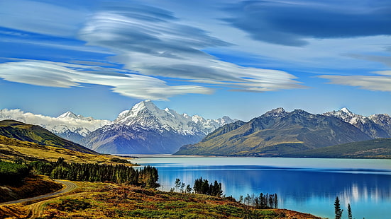 New Zealand, Lake Pukaki, mountains, trees, clouds, New, Zealand, Lake, Pukaki, Mountains, Trees, Clouds, HD wallpaper HD wallpaper