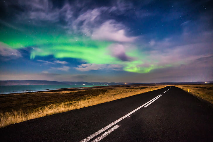 черен бетонен път, Исландия, Исландия, Нощ, Исландия, черен, бетонен път, полуостров, Snaefellsnes, Islandia, Aurora Boreal, светлини, път, природа, магистрала, пейзаж, небе, облак - небе, пътуване, залез, син, на открито, асфалт, HD тапет